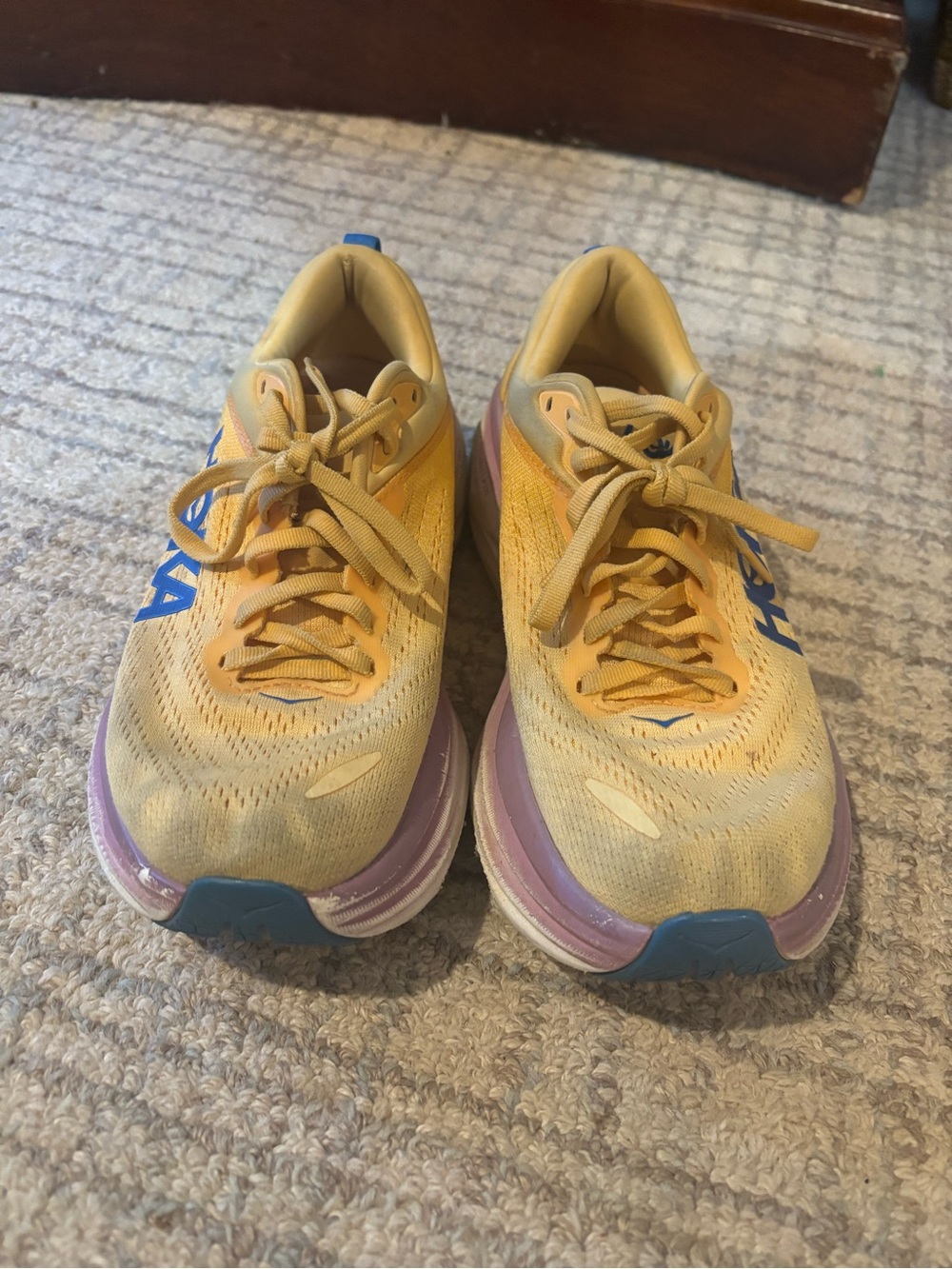 HOKA Women's Yellow Running Shoes with Blue Logo and Purple Midsole - Picture 4 of 5